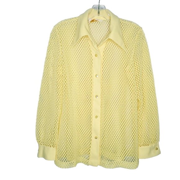Vintage Womens Crochet Top L Yellow Button Up Dagger Collar Hollowed Mesh - Picture 1 of 4